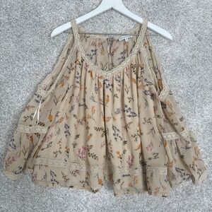 Rebecca Minkoff XS Floral‎ Print Sheer Cold Shoulder Bell Sleeve Blouse Top